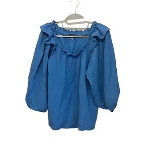 Fig & Vine Gauze Peasant Blouse •L• Puff Sleeves Cotton Poet Blue Coastal ITALY